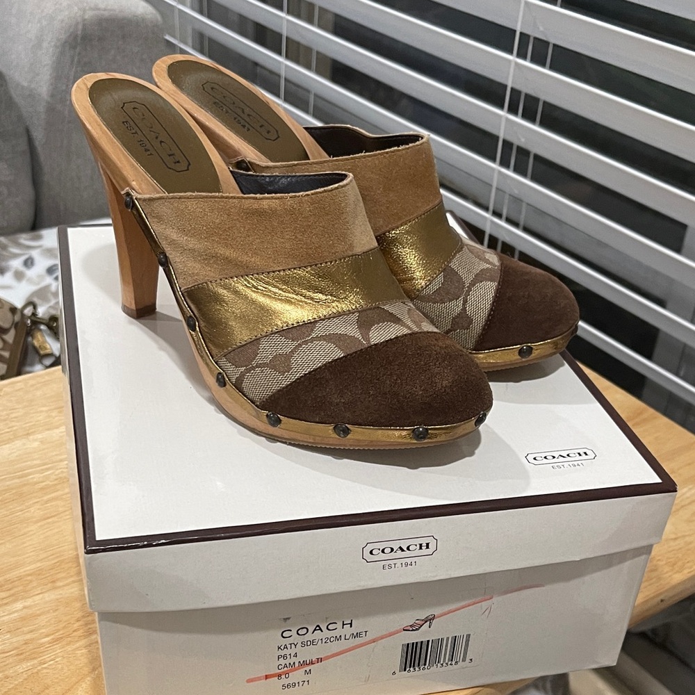 Coach Women's Brown and Gold Mules